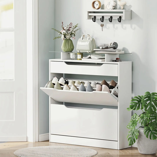 High Gloss Shoe Cabinet, 2 Flip Drawers, Adjustable Shelves, Glass Top, White Shoe Storage Cabinets & Racks High Gloss White at Gallery Canada