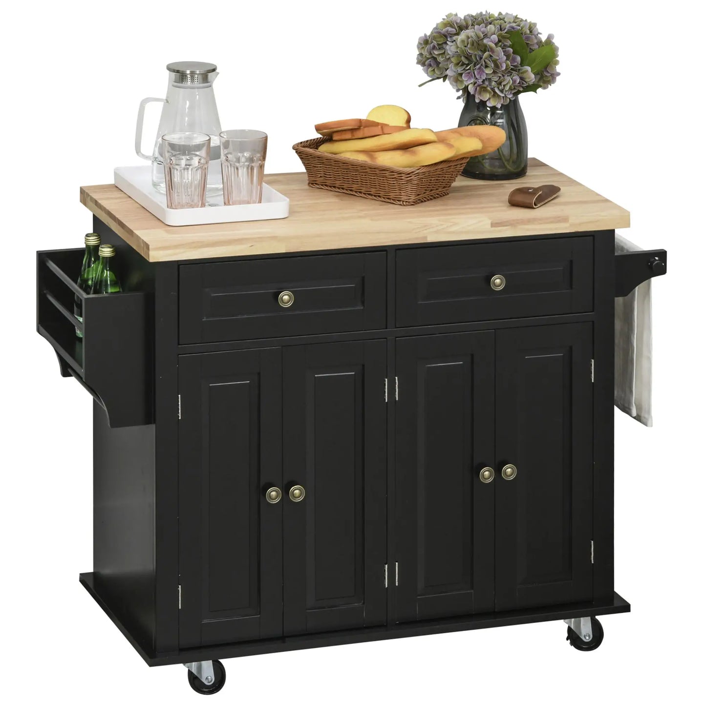 Kitchen Island with Storage, Rolling Trolley Cart with Rubber Wood Top, Spice Rack, Towel Rack, Black Kitchen Islands & Kitchen Carts at Gallery Canada