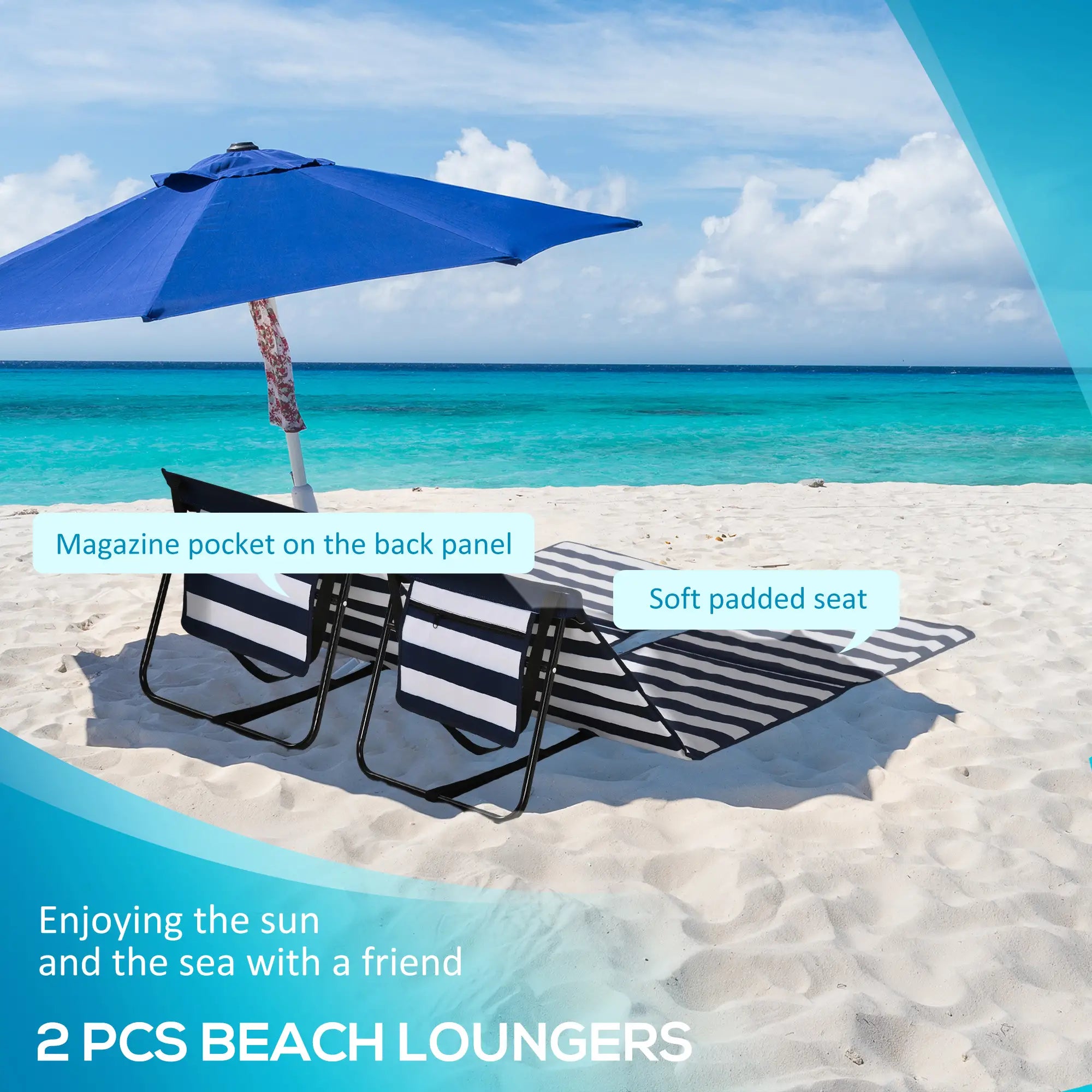 Foldable Lounge Chairs Set, Adjustable Backrest, Blue White Beach Accessories at Gallery Canada