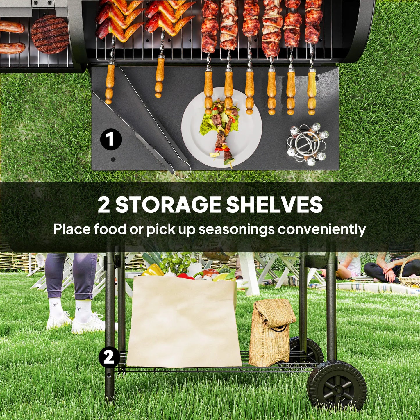 Portable Charcoal BBQ Grill With Offset Smoker, 2 Shelves, Thermometer, Wheels, Black Charcoal BBQ Grils at Gallery Canada