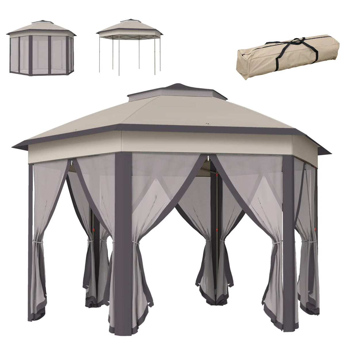13' x 13' Pop Up Canopy Tent, Netting, Carry Bag, Coffee Beige