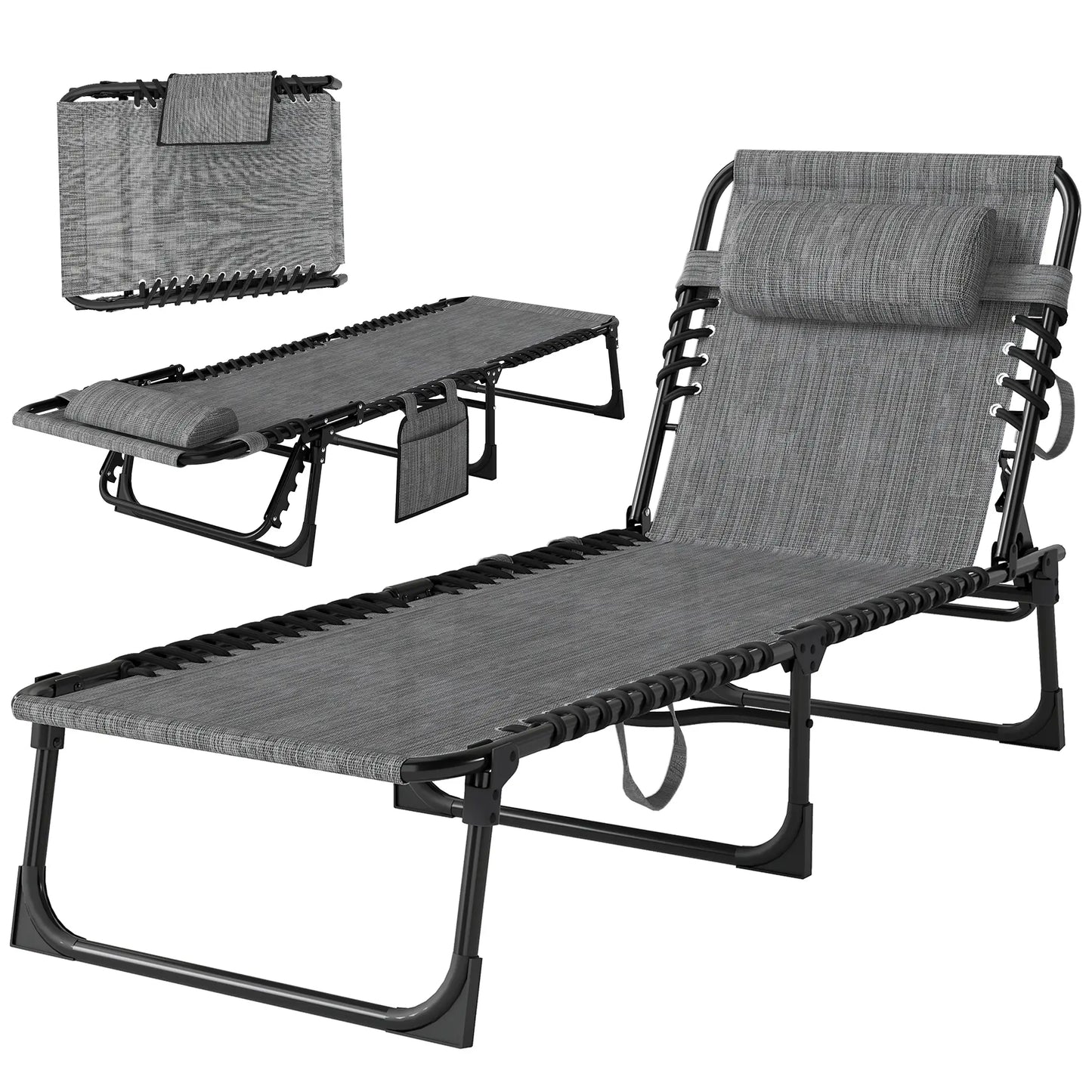 Outdoor Folding Chaise Lounge, Adjustable Backrest, Removable Pillow, Mixed Grey, Grey