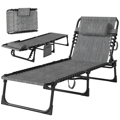 Outdoor Folding Chaise Lounge, Adjustable Backrest, Removable Pillow, Mixed Grey, Grey