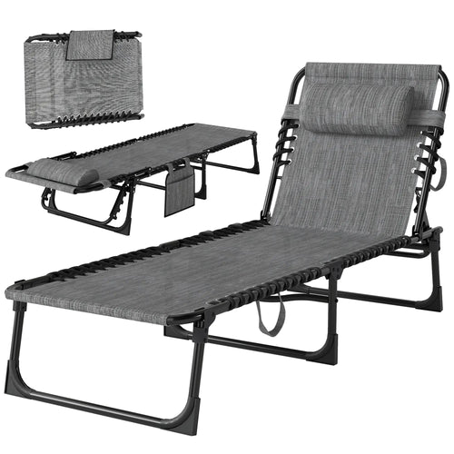 Outdoor Folding Chaise Lounge, Adjustable Backrest, Removable Pillow, Mixed Grey, Grey