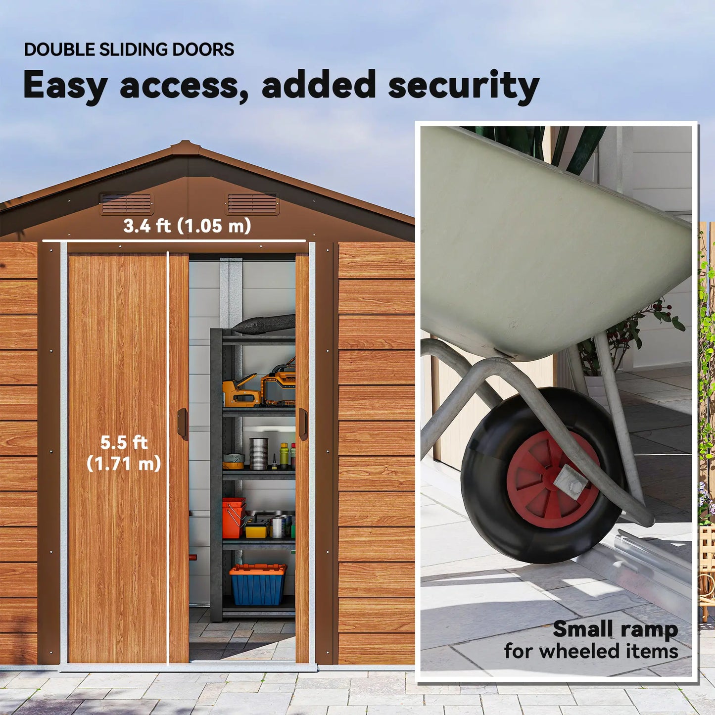 7.7' x 6.5' Metal Garden Shed, Ventilation, Dark Brown Wood Grain Sheds at Gallery Canada