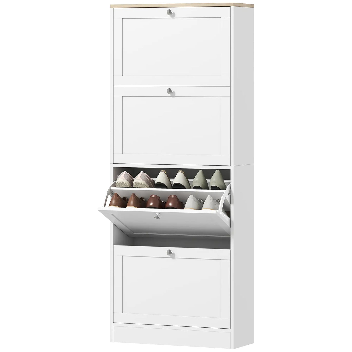 Shoe Storage Cabinet, 4 Flip Drawers, Adjustable Shelves, 18-24 Pairs, White