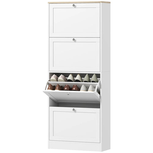 Shoe Storage Cabinet, 4 Flip Drawers, Adjustable Shelves, 18-24 Pairs, White