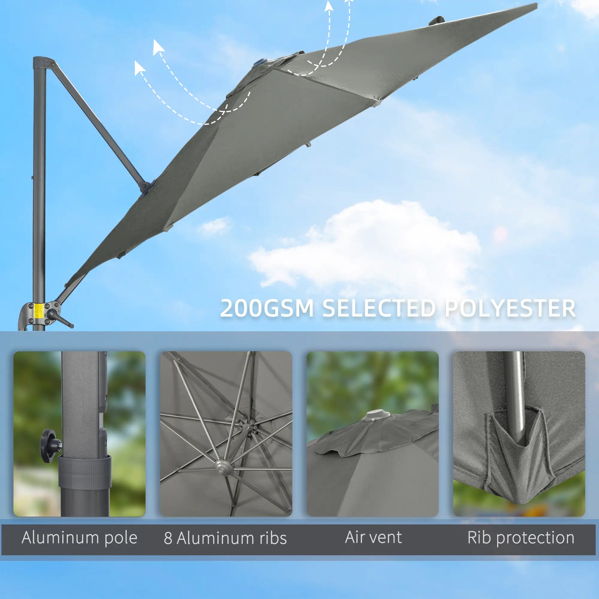 9.6' Cantilever Patio Umbrella, Outdoor Hanging, 360° Rotation, Grey Cantilever Umbrellas at Gallery Canada