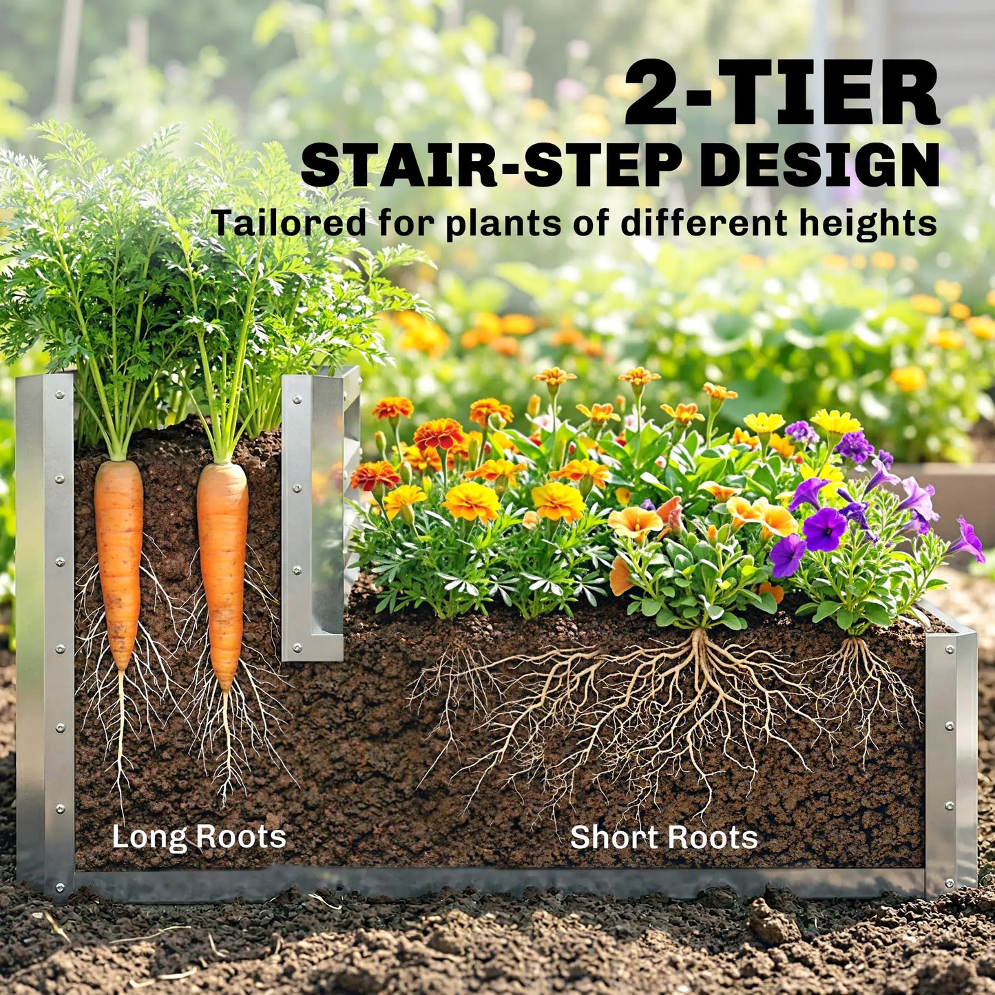2 Tier Galvanized Raised Garden Bed, Steel Planter Box, 47" x 40" x 23", Silver Galvanized Planter Boxes at Gallery Canada