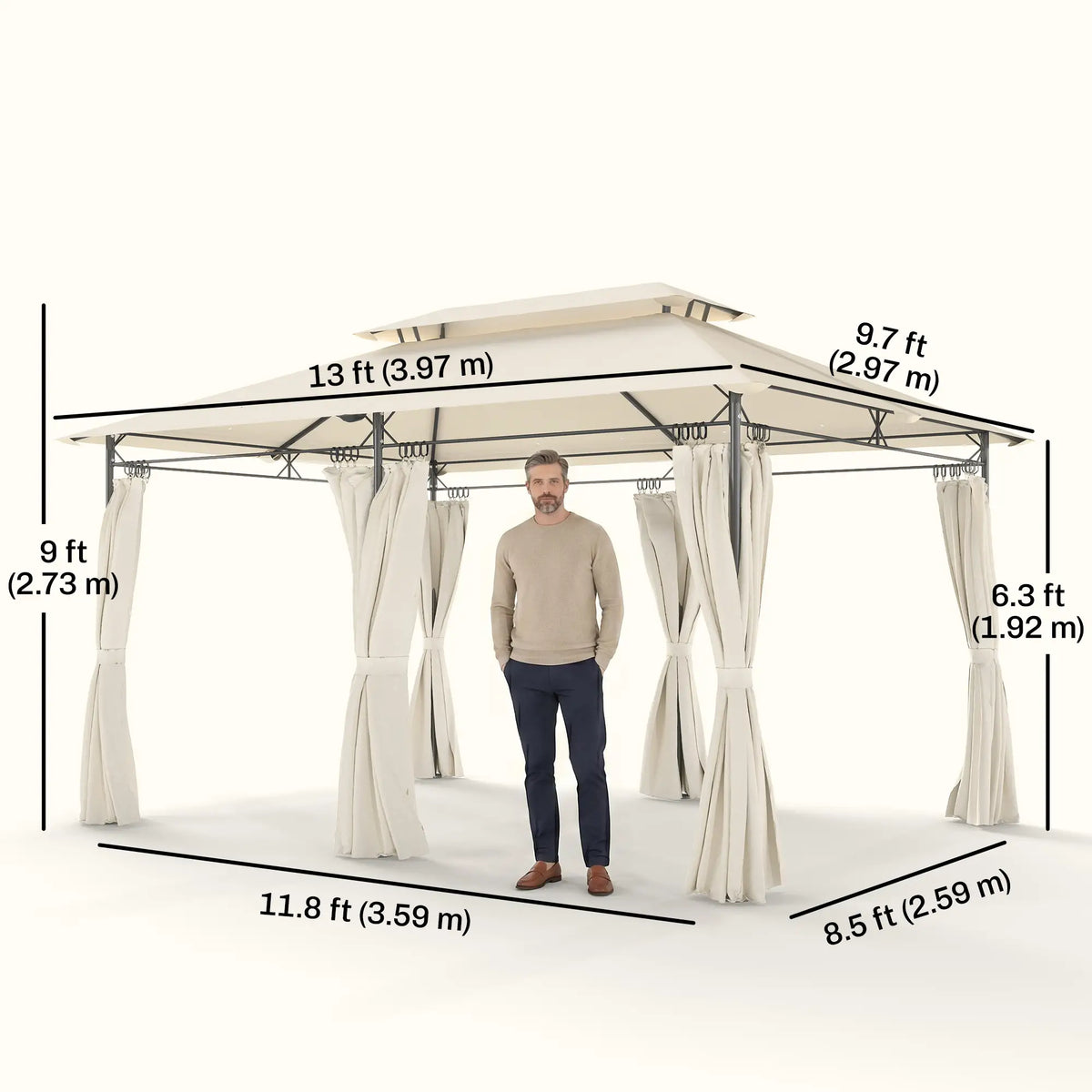 10' x 13' Gazébo de Patio à Double Toit, Extérieur avec Rideaux, Blanc Crème