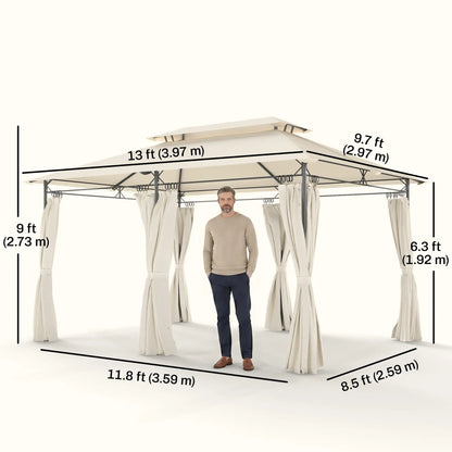 10' x 13' Gazébo de Patio à Double Toit, Extérieur avec Rideaux, Blanc Crème