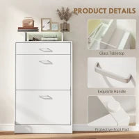 Armoire à chaussures fine, 2 tiroirs basculants, étagères réglables, dessus en verre