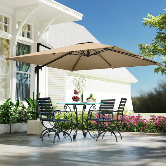 10 FT Cantilever Patio Umbrella, Square, Crank Handle, Cross Base Offset Cantilever Umbrellas Khaki at Gallery Canada