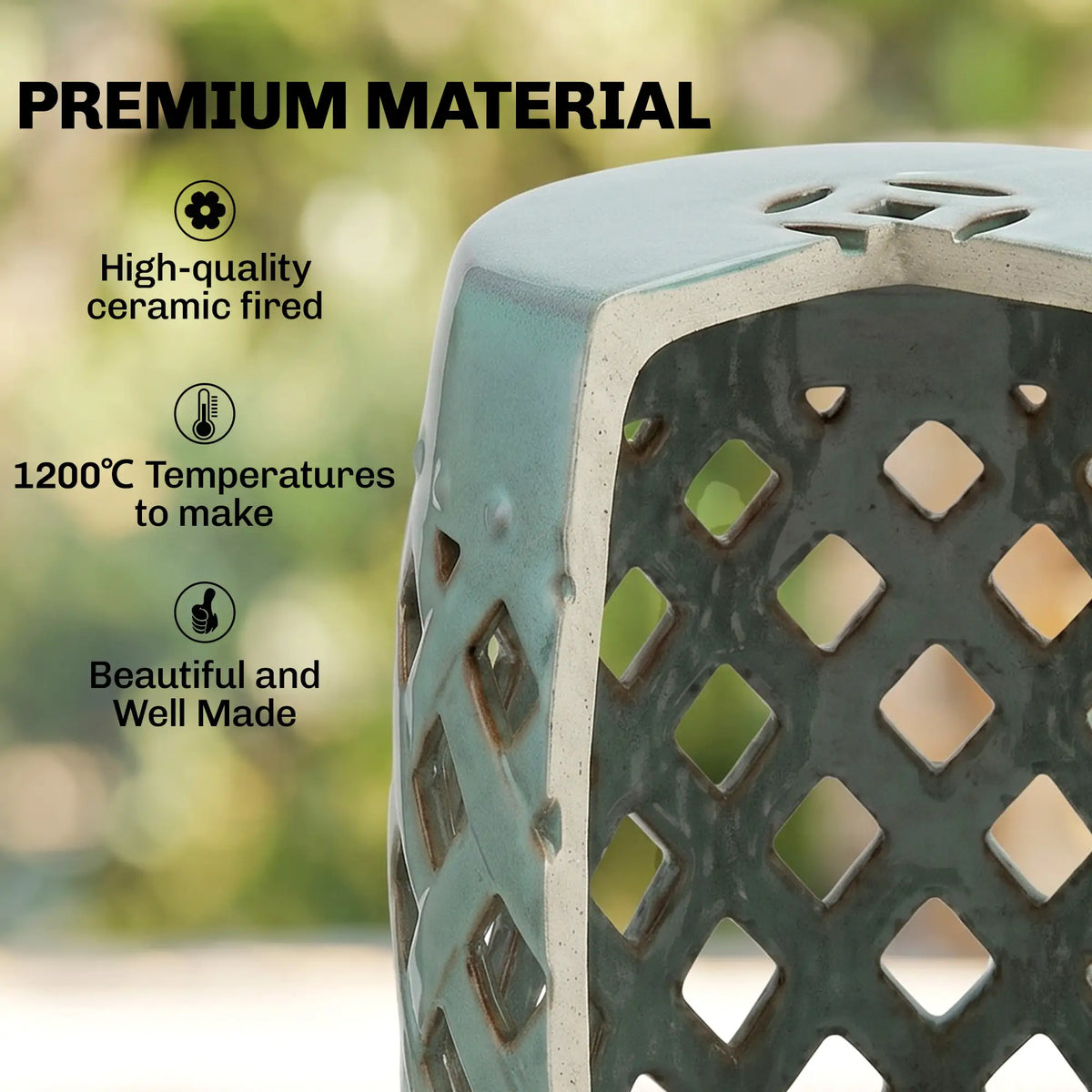 18" Ceramic Garden Stool, Woven Lattice Design, Indoor Outdoor, Blue Patio Chairs at Gallery Canada