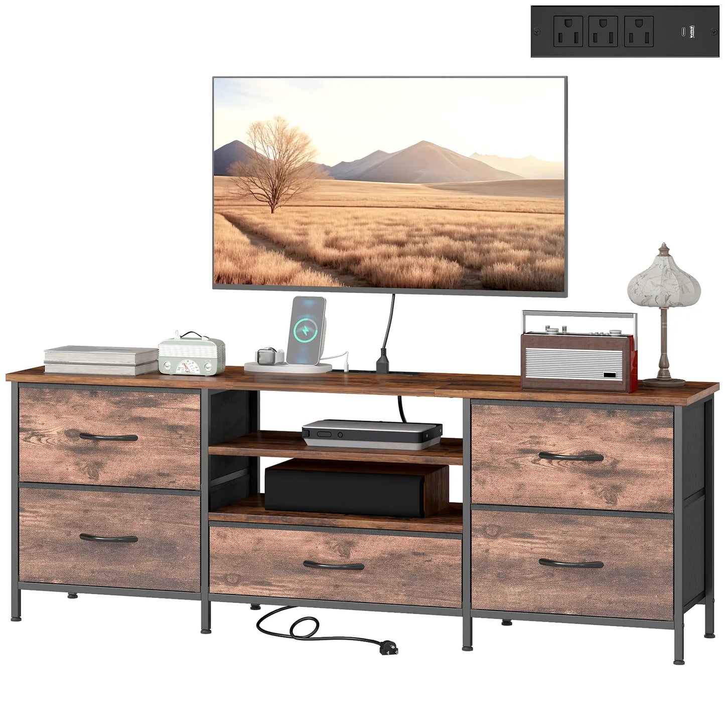 TV Stand For 65 Inch TVs, Industrial Console With Charging Station, 5 Drawers, Rustic Brown TV Stands Rustic Brown, Black at Gallery Canada