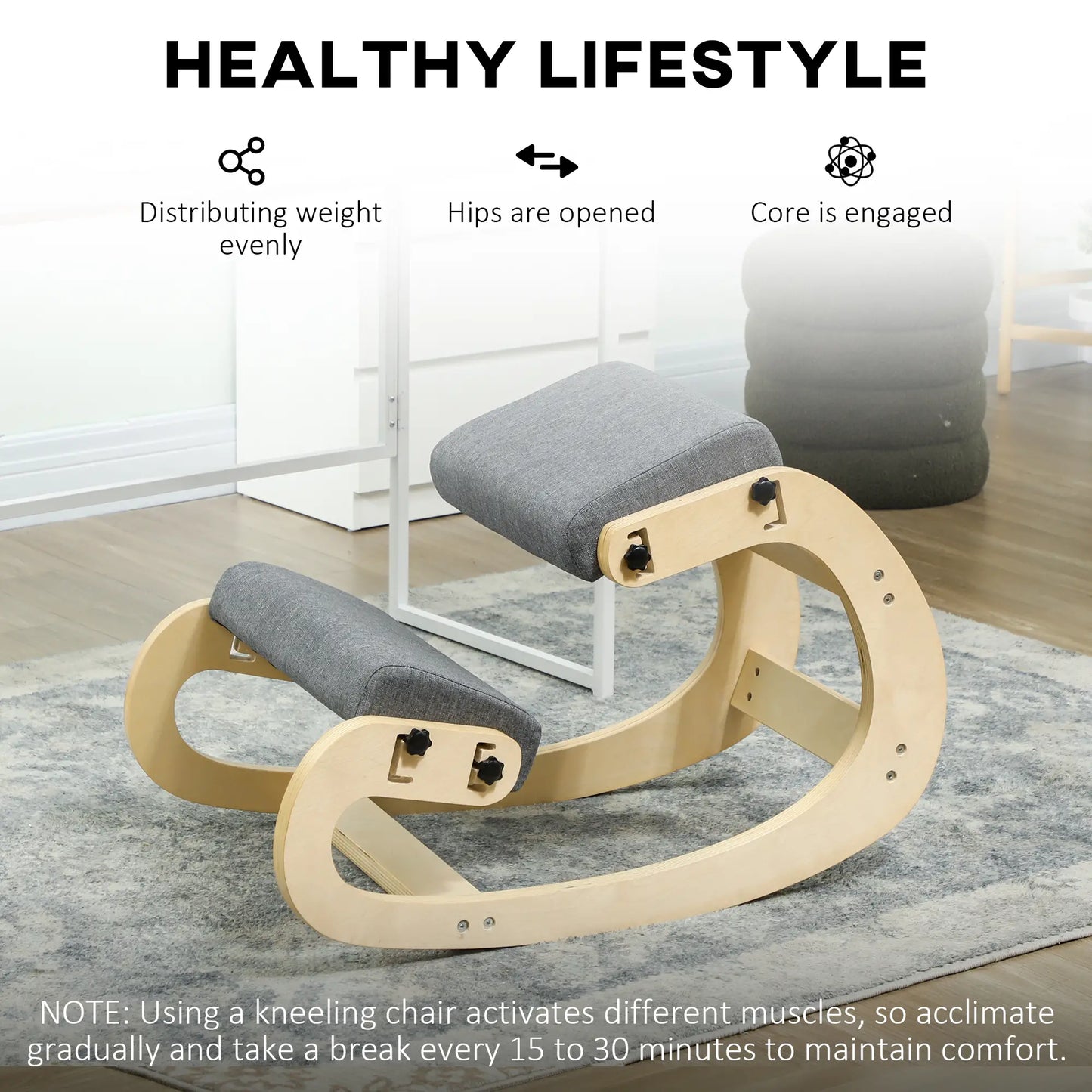 Ergonomic Kneeling Chair, Adjustable Rocking Wood Stool, Grey Office Chairs at Gallery Canada