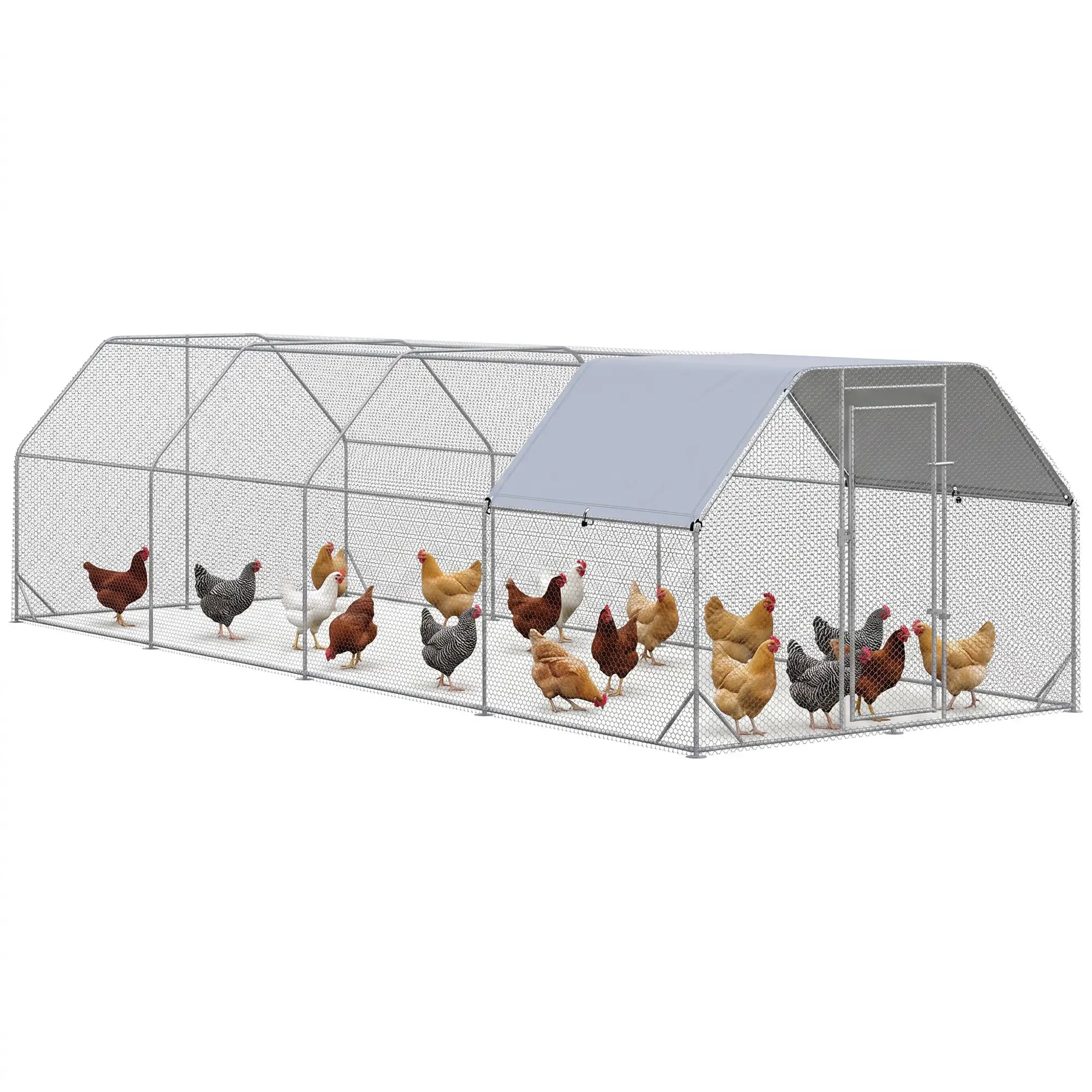 Large Metal Chicken Coop, Walk-In Enclosure, 9.2' x 24.9' x 6.5', Silver Chicken Coops Silver, Silver Grey at Gallery Canada