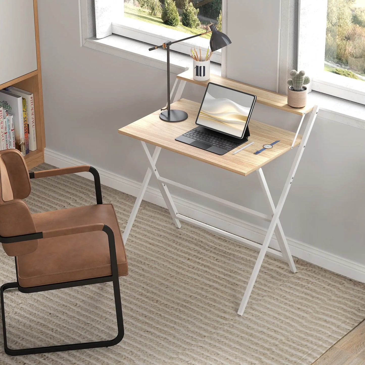 32" Folding Computer Desk with Monitor Shelf, Natural Wood Office Desks & Work Stations at Gallery Canada