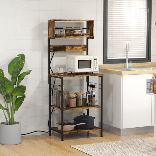 Baker's Rack with Charing Station, Microwave Shelf with Power Outlet, USB Charger and 5 Hooks, Rustic Brown - Gallery Canada