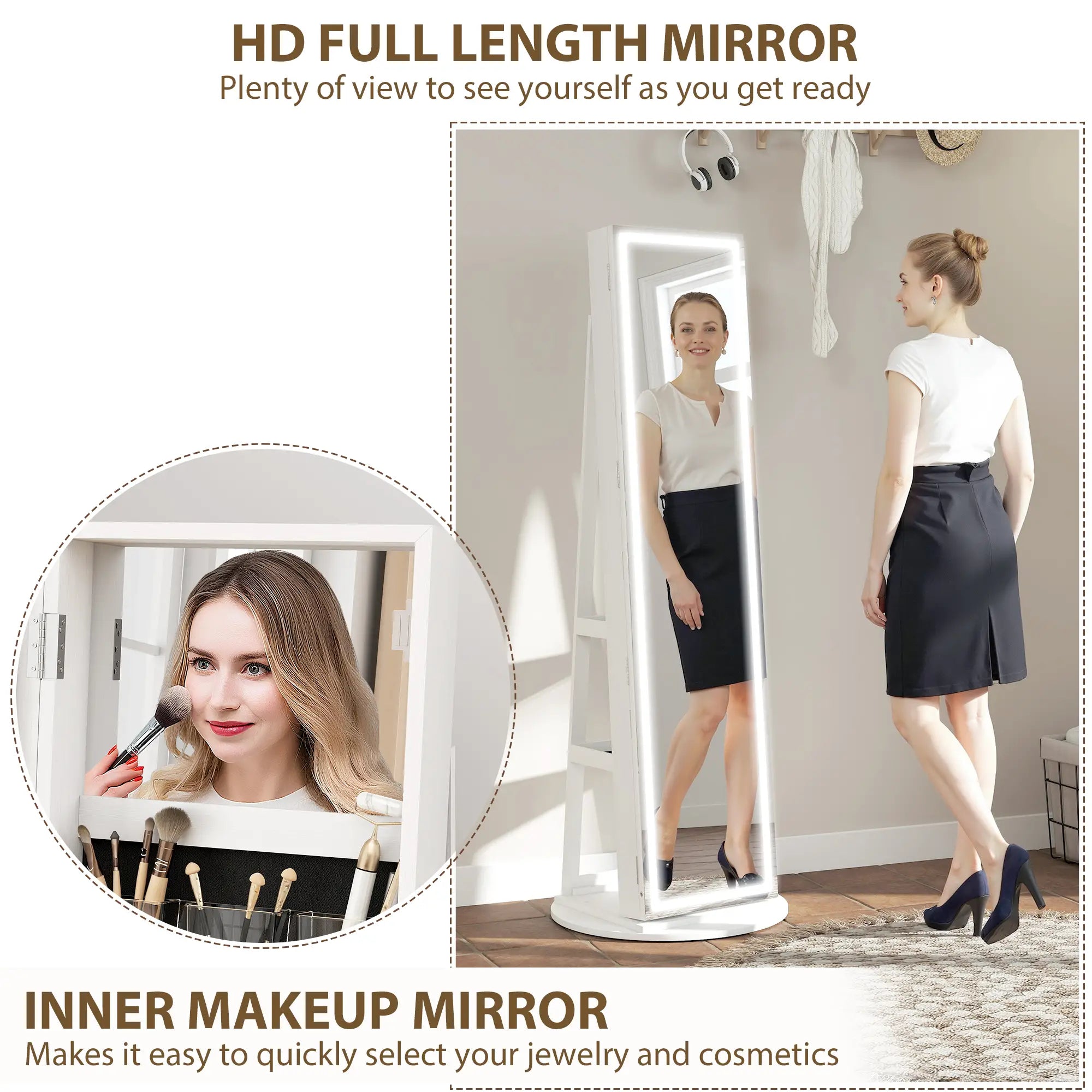 360° Swivel Jewelry Cabinet, Full Length Mirror, Lockable, LED Lights, White Jewelry Armoire & Jewellery Mirror Cabinets at Gallery Canada