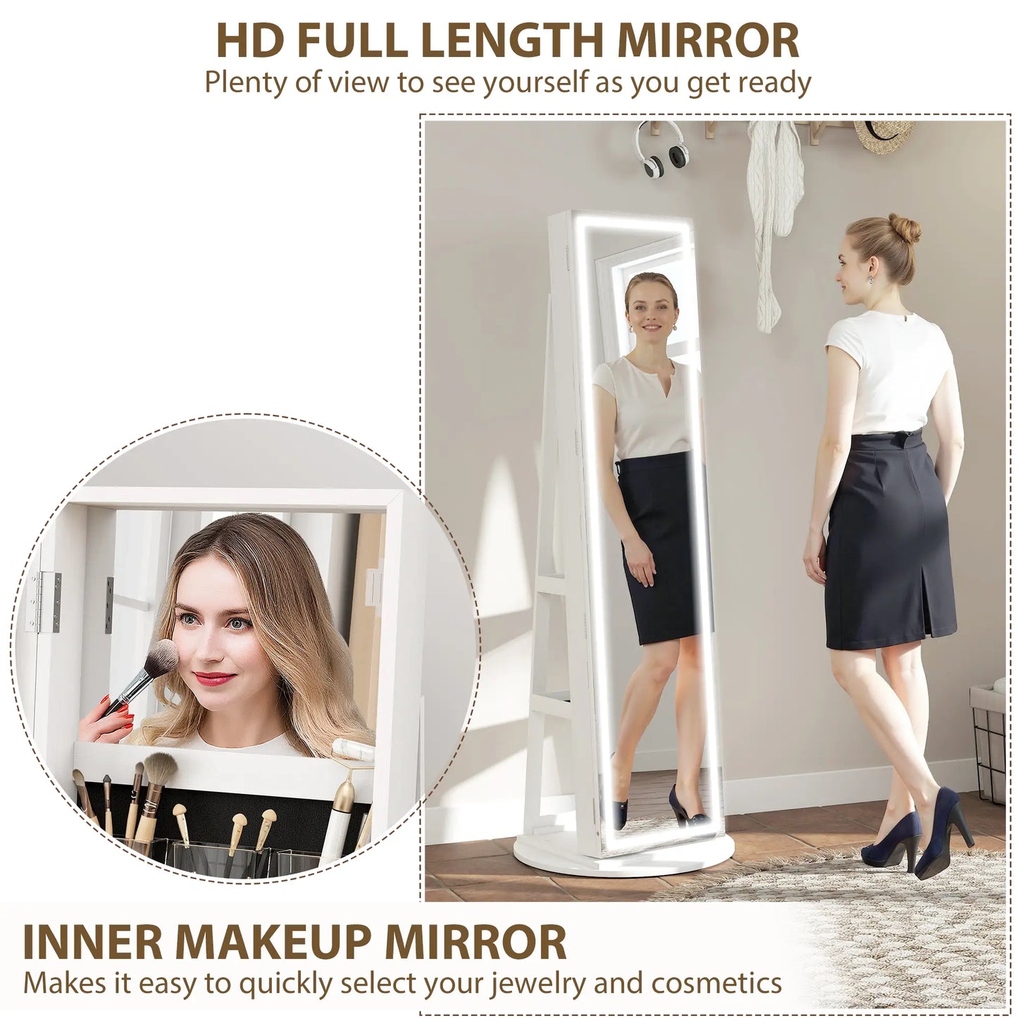 360° Swivel Jewelry Cabinet, Full Length Mirror, Lockable, LED Lights, White Jewelry Armoire & Jewellery Mirror Cabinets at Gallery Canada