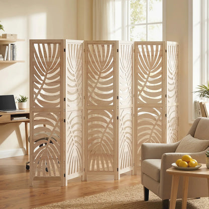 6 Panel Room Divider, Detachable Folding Privacy Screen, Palm Leaf Design, Natural Wood Room Dividers at Gallery Canada