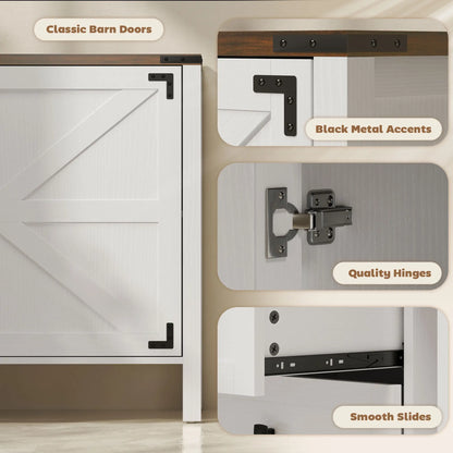 59" Buffet Cabinet, Farmhouse Sideboard, 2 Barn Doors, 4 Drawers, White Storage Cabinets at Gallery Canada