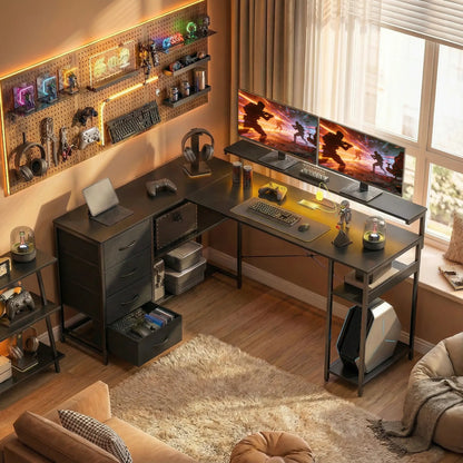Gaming Desk With Power Outlets, LED Lights, Drawers, Monitor Stand, 61", Black Gaming Desks at Gallery Canada