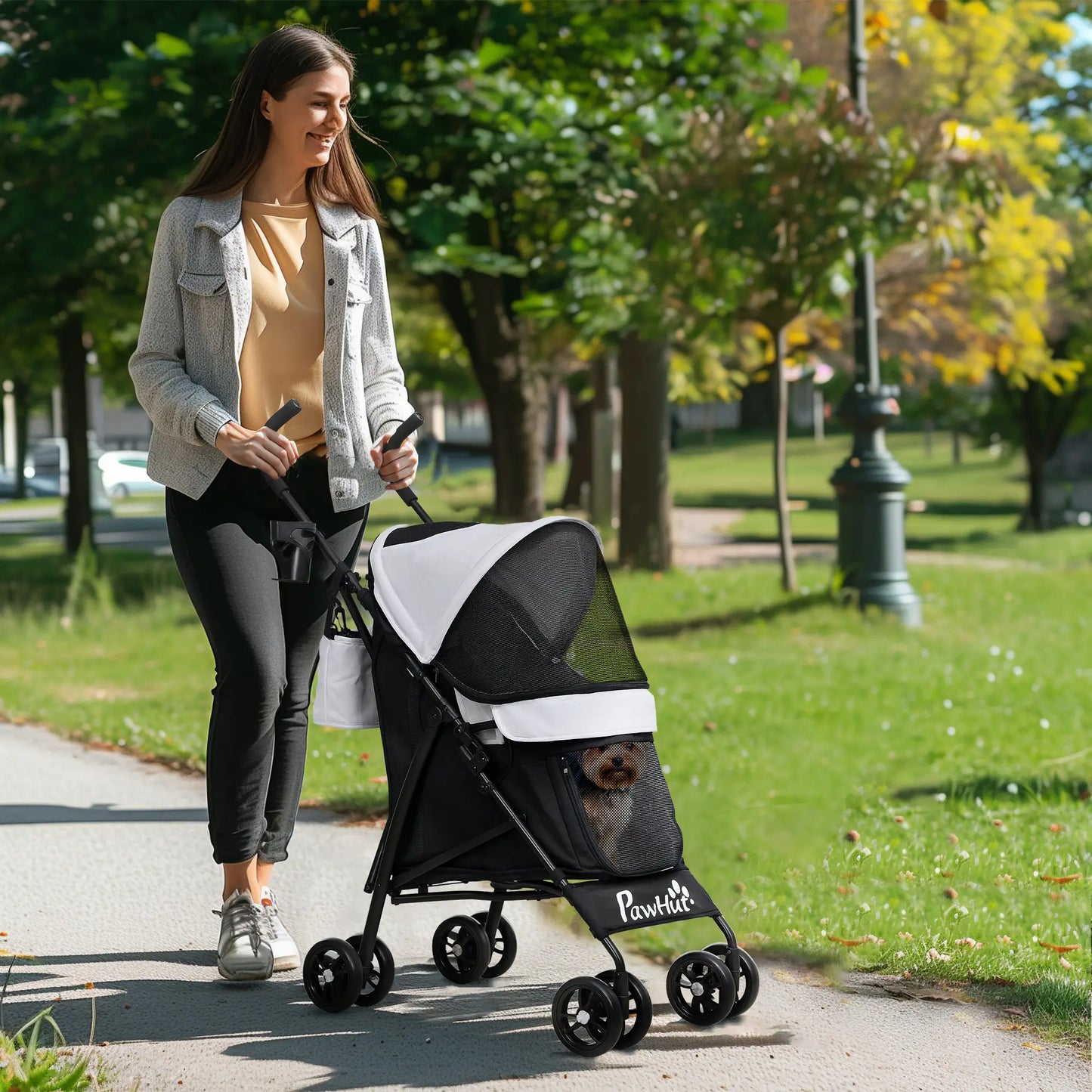 Foldable Dog Stroller, Lightweight, Storage Bag, Cup Holder, Light Grey Dog Bike Trailers & Strollers at Gallery Canada