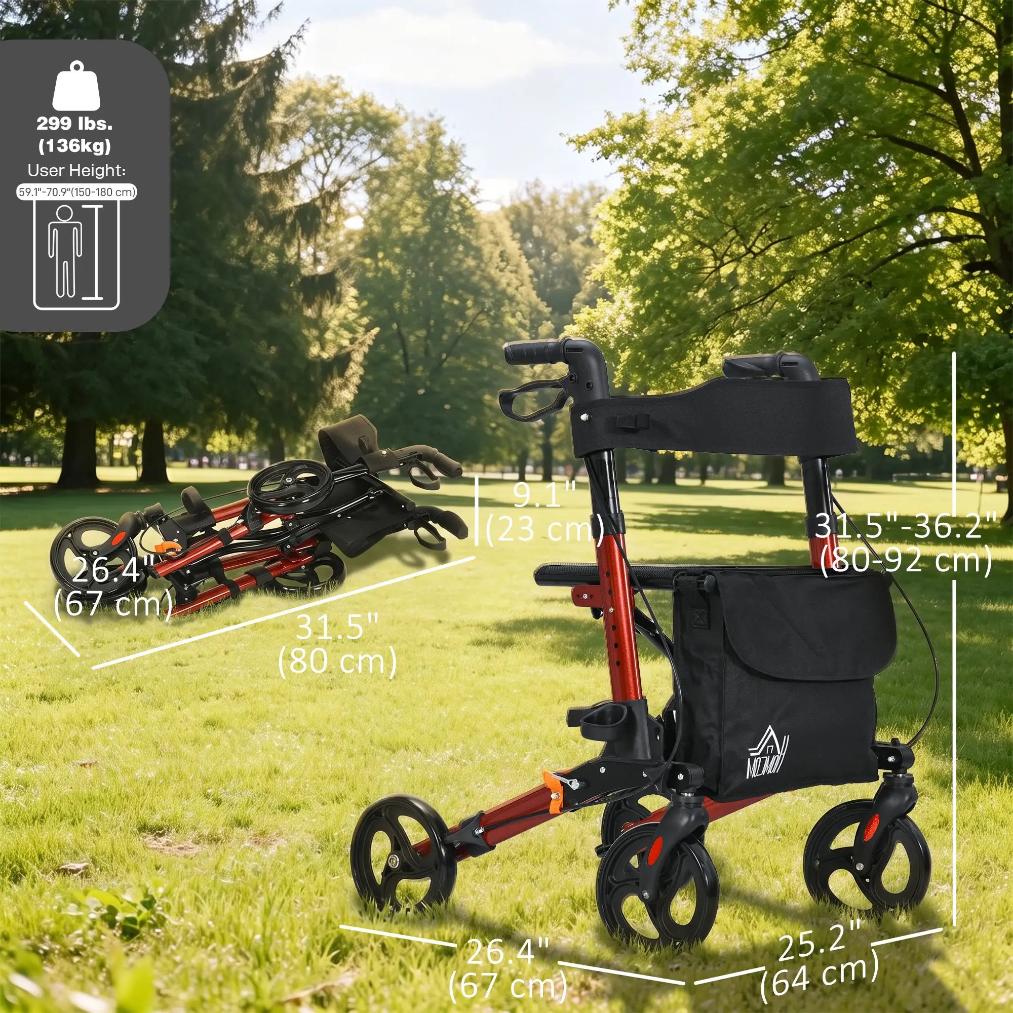 Senior Rollator with Seat, Back, Cane Holder, Adjustable Handle, Red Knee Walker & Wheelchair Ramps at Gallery Canada