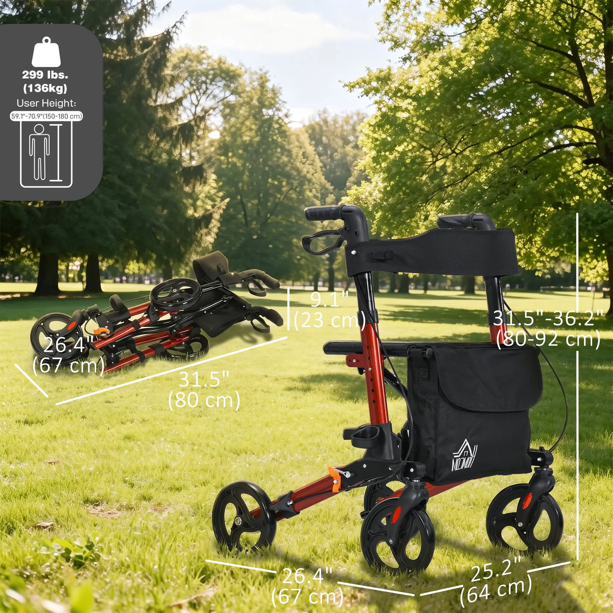 Senior Rollator with Seat, Back, Cane Holder, Adjustable Handle, Red Knee Walker & Wheelchair Ramps at Gallery Canada