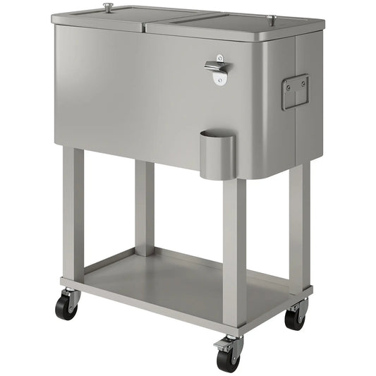 60 Quart Rolling Outdoor Cooler, Portable Cart With Locking Wheels, Silver Cooler Boxes Silver at Gallery Canada