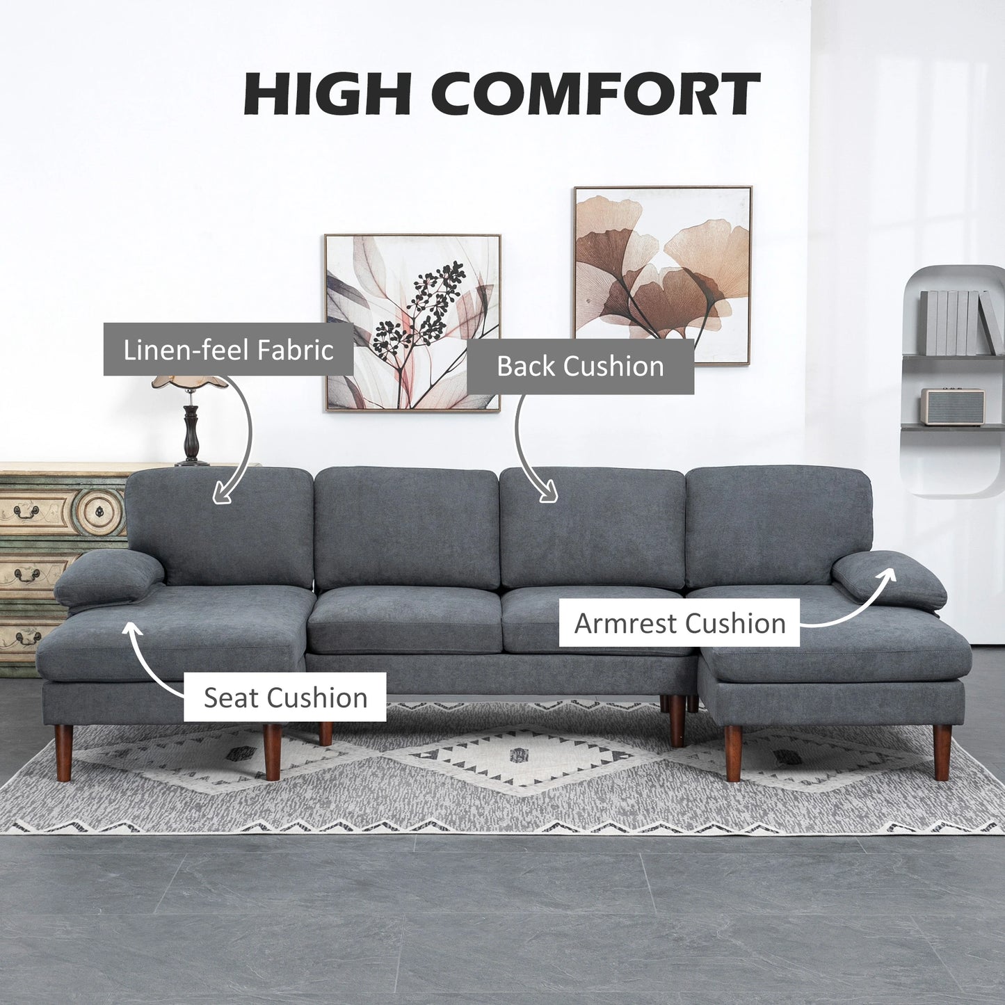 U Shape Couch, Double Chaise Lounge, 4 Seater Sofa, Wooden Legs, Dark Grey 3-Seater Sofas at Gallery Canada