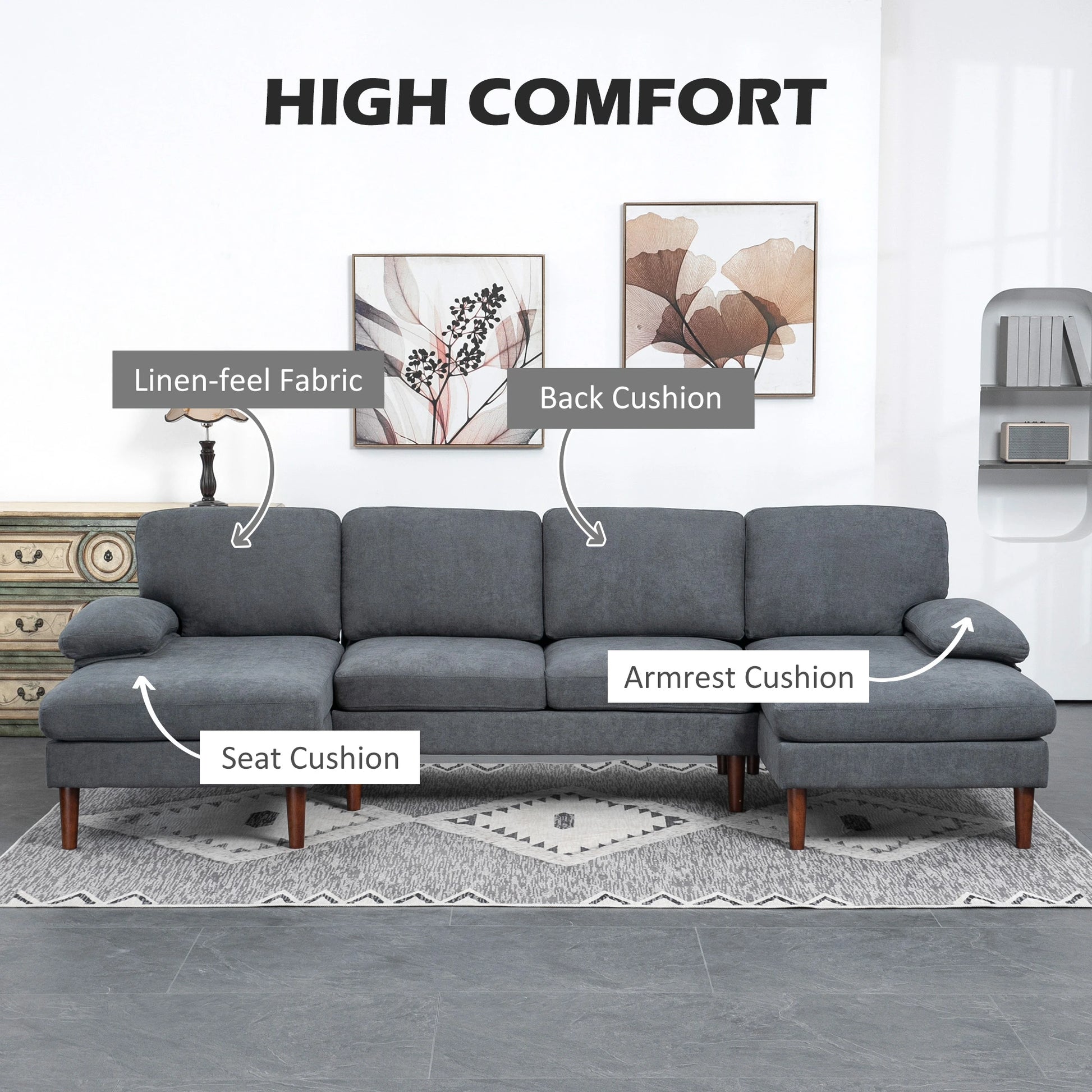 U Shape Couch, Double Chaise Lounge, 4 Seater Sofa, Wooden Legs, Dark Grey 3-Seater Sofas at Gallery Canada