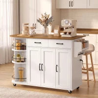53" Kitchen Island with Outlet, Drop Leaf, Cart on Wheels, White