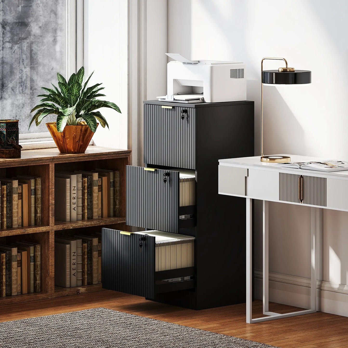 Lockable Filing Cabinet, 3 Fluted Drawers, Adjustable Hanging Rails, Black Office Cabinets & Cupboards at Gallery Canada