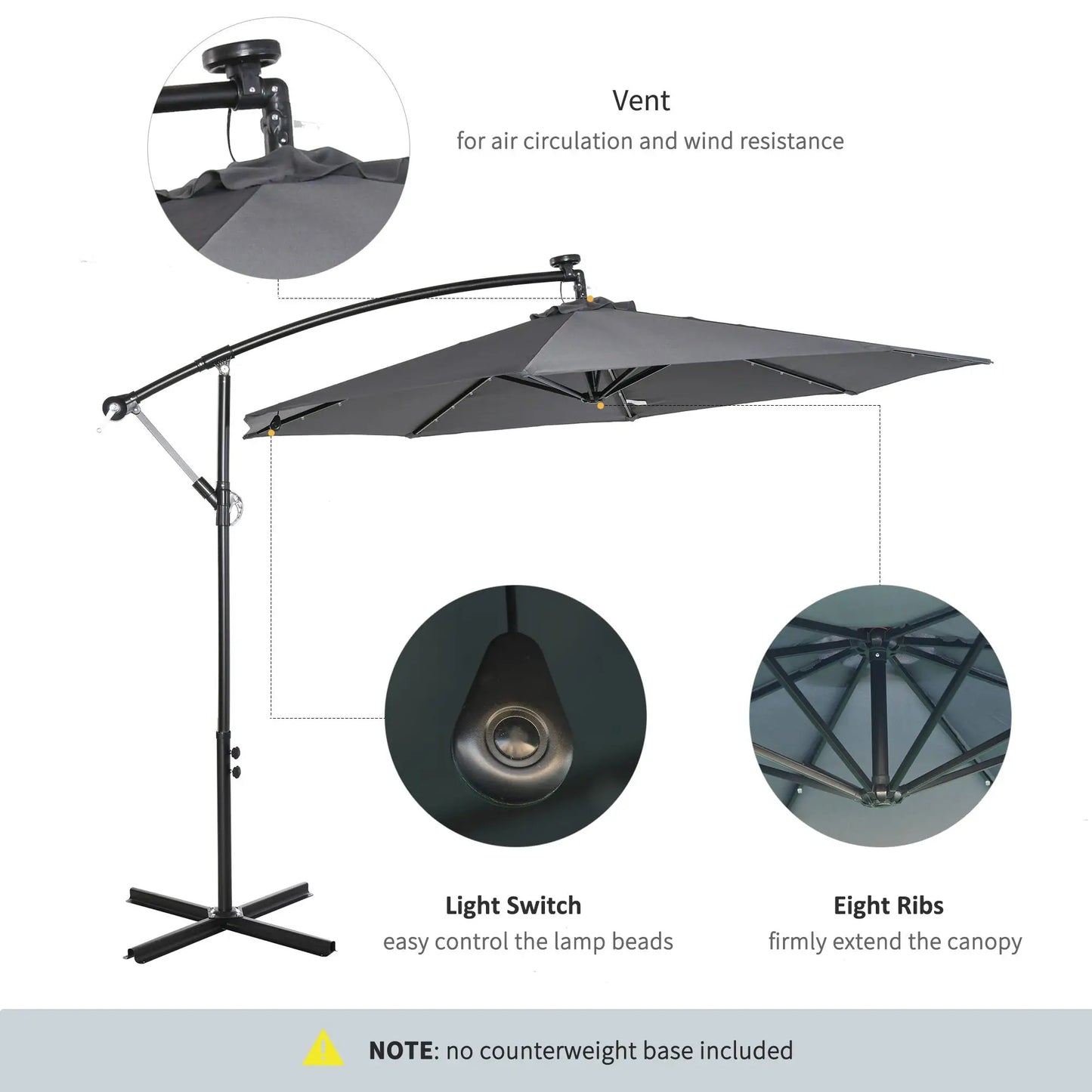 10ft Outdoor Cantilever Umbrella, Solar Lights, Adjustable Angle, Dark Gray Cantilever Umbrellas at Gallery Canada