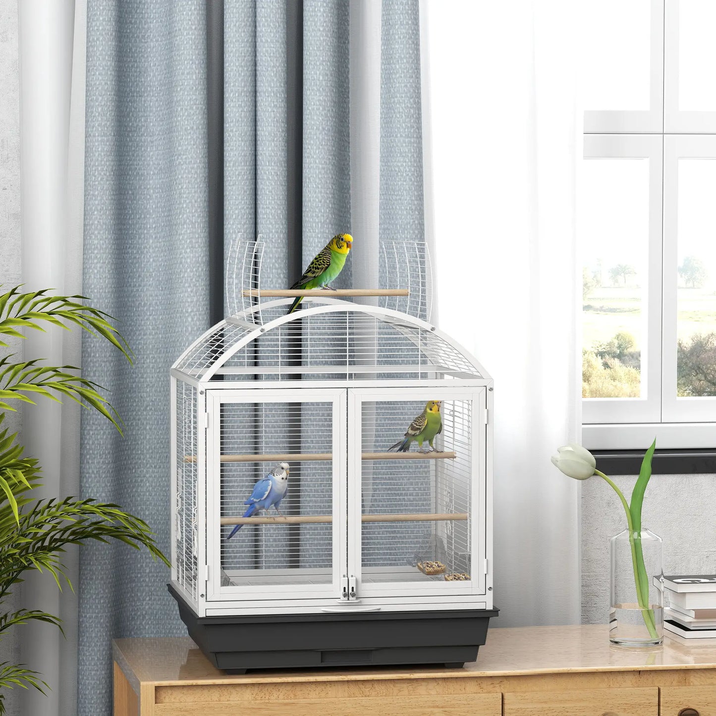 30 Inch Open Top Bird Cage, Removable Tray, Food Container, Dark Grey Bird Cages at Gallery Canada