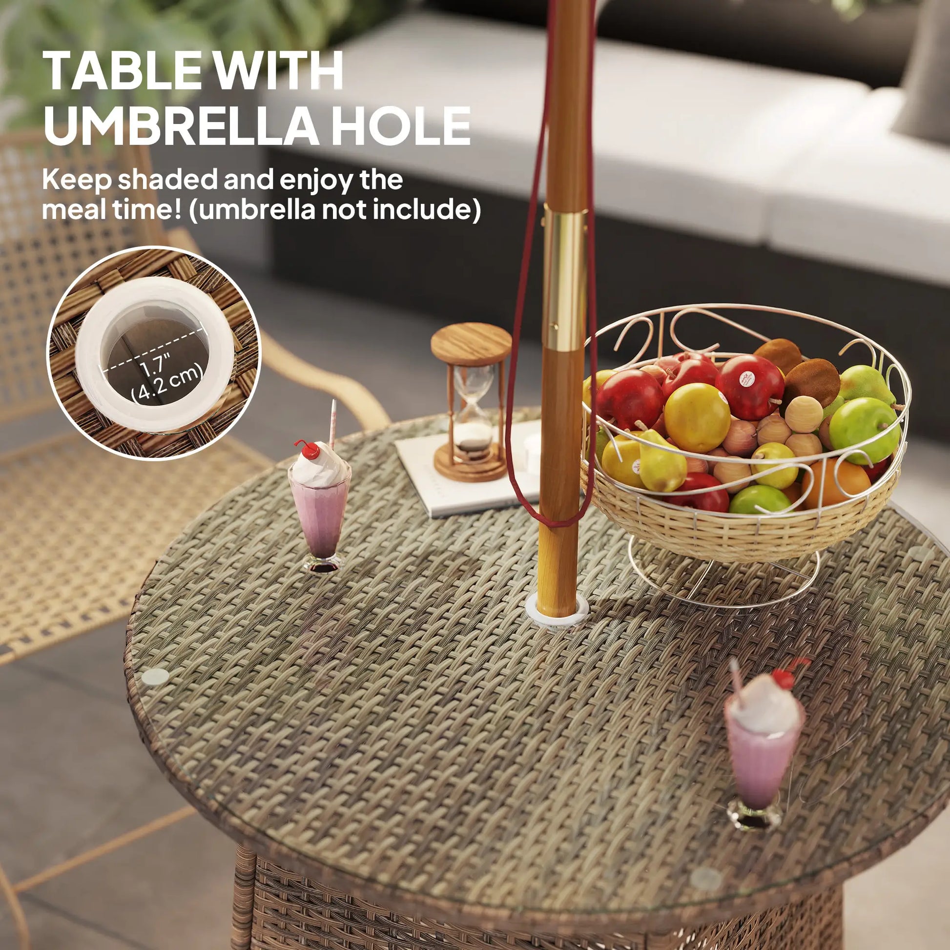 31.5" Round Patio Table with Umbrella Hole, Tempered Glass Top, Brown Coffee Tables at Gallery Canada