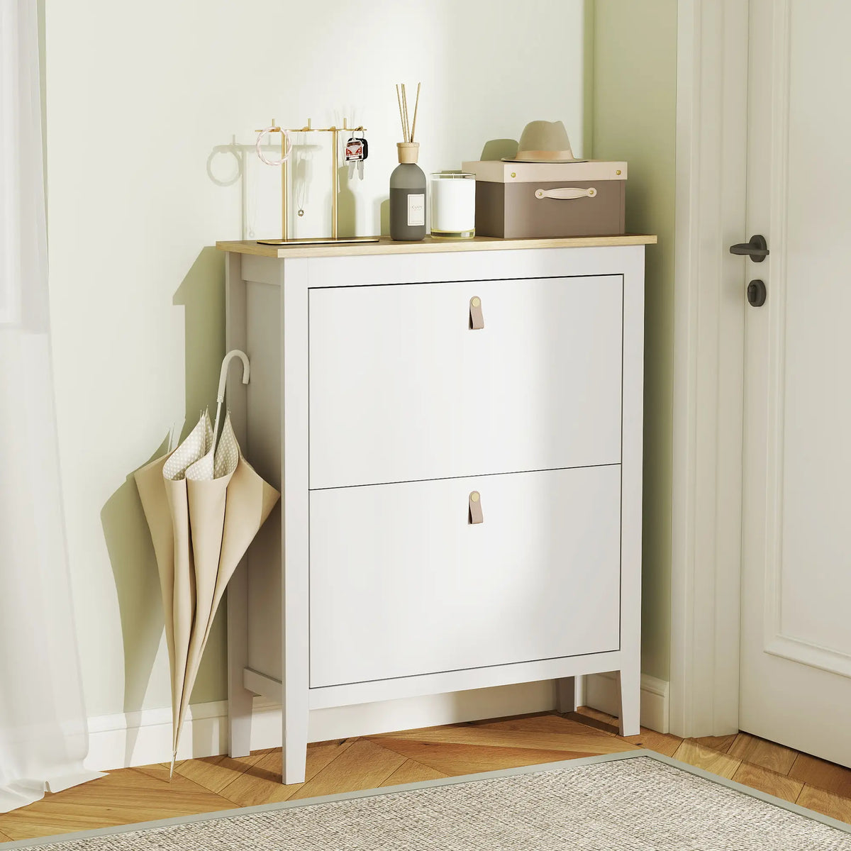 Narrow Shoe Cabinet, 2 Flip Drawers, Adjustable Shelves, Holds 10-14 Pairs, White