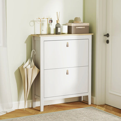 Narrow Shoe Cabinet, 2 Flip Drawers, Adjustable Shelves, Holds 10-14 Pairs, White