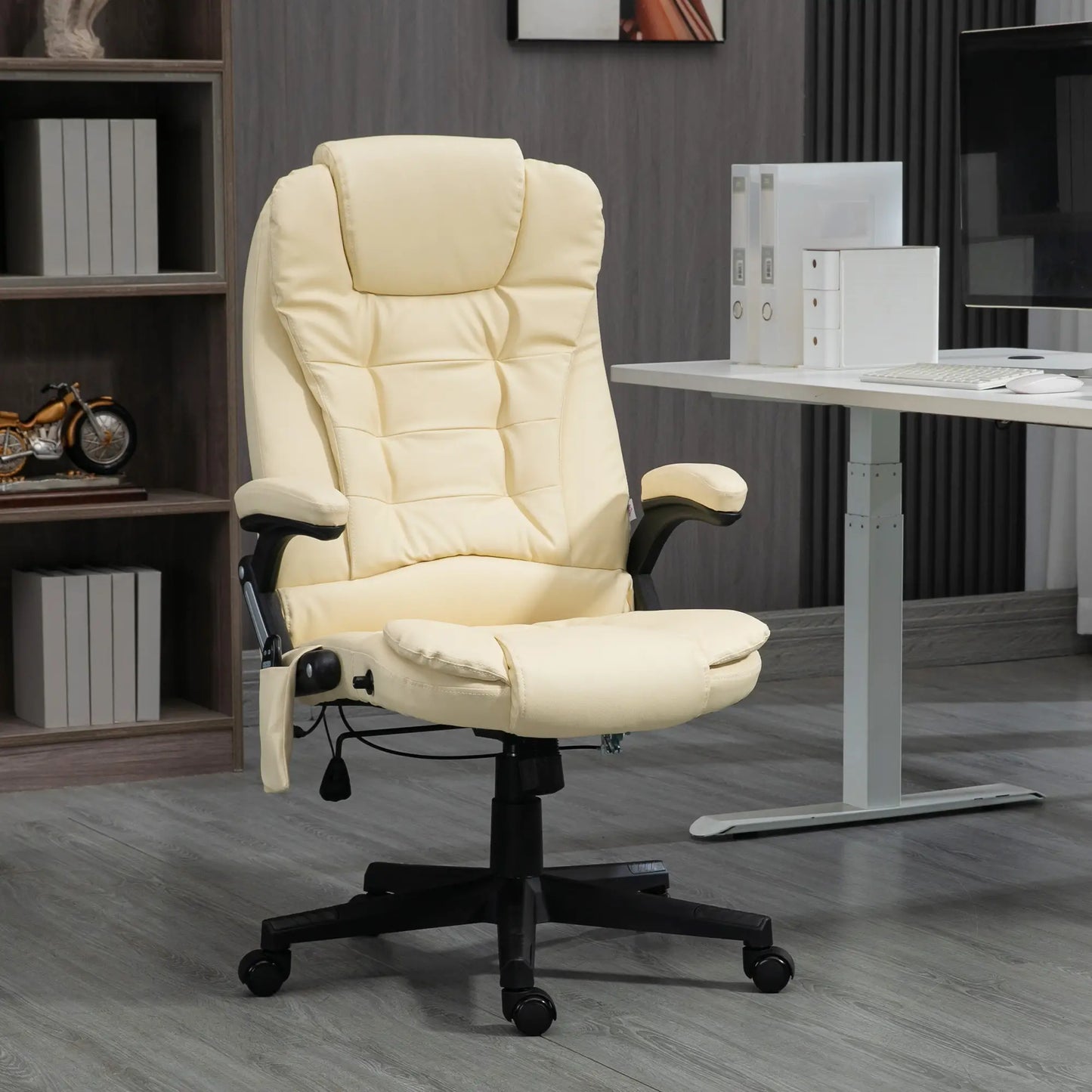 Adjustable Heated Massage Swivel Office Chair, High Back Leather, Beige Massage Chairs at Gallery Canada