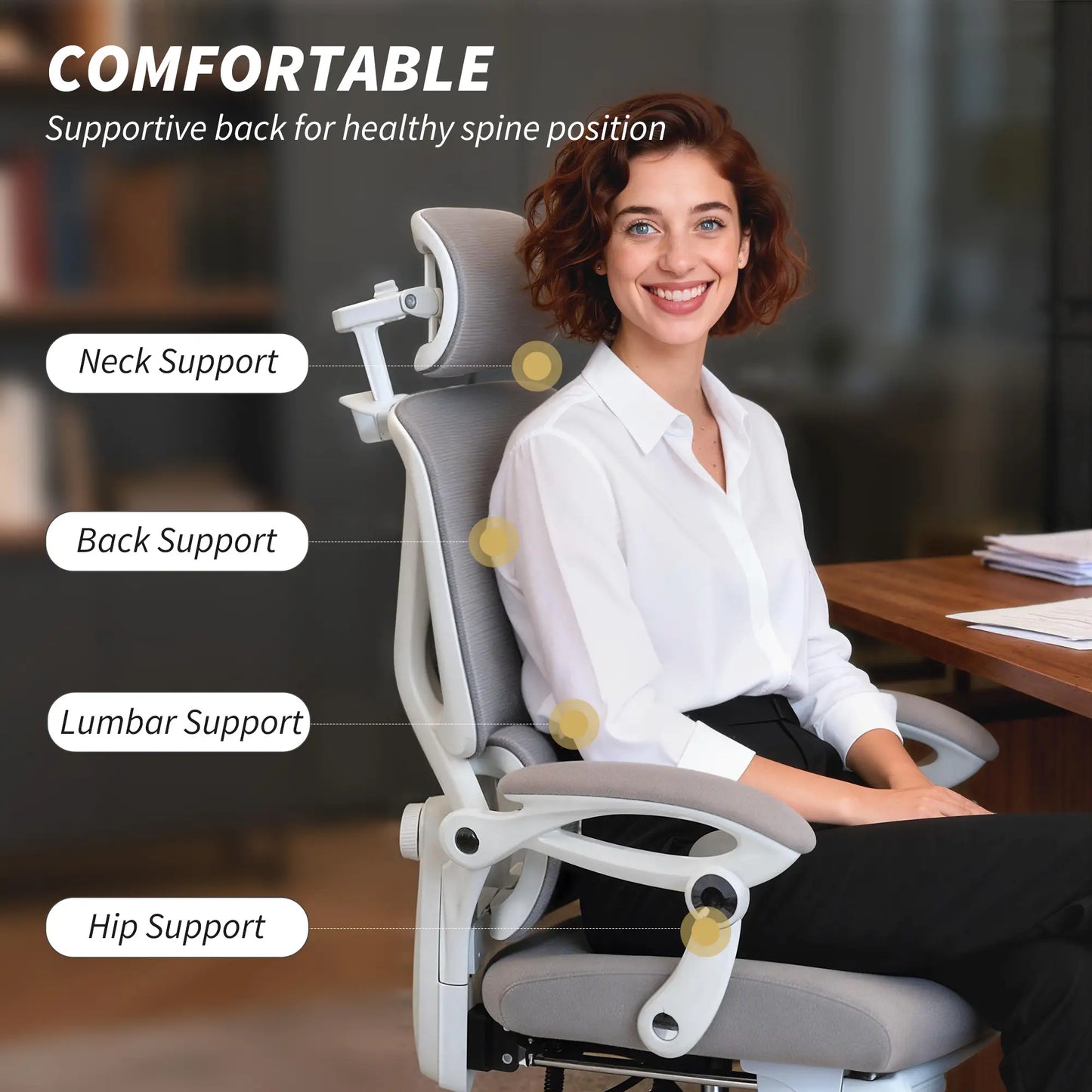 Mesh Desk Chair With Adjustable Headrest, Light Grey