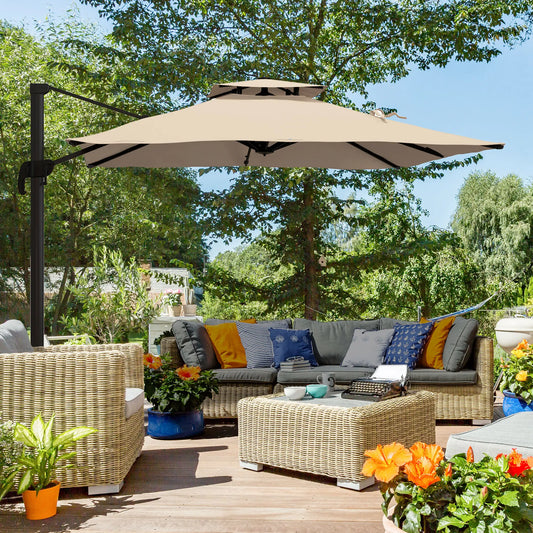 Parasol de terrasse cantilever carré de 10 pieds, rotation à 360°, manivelle, couleur kaki