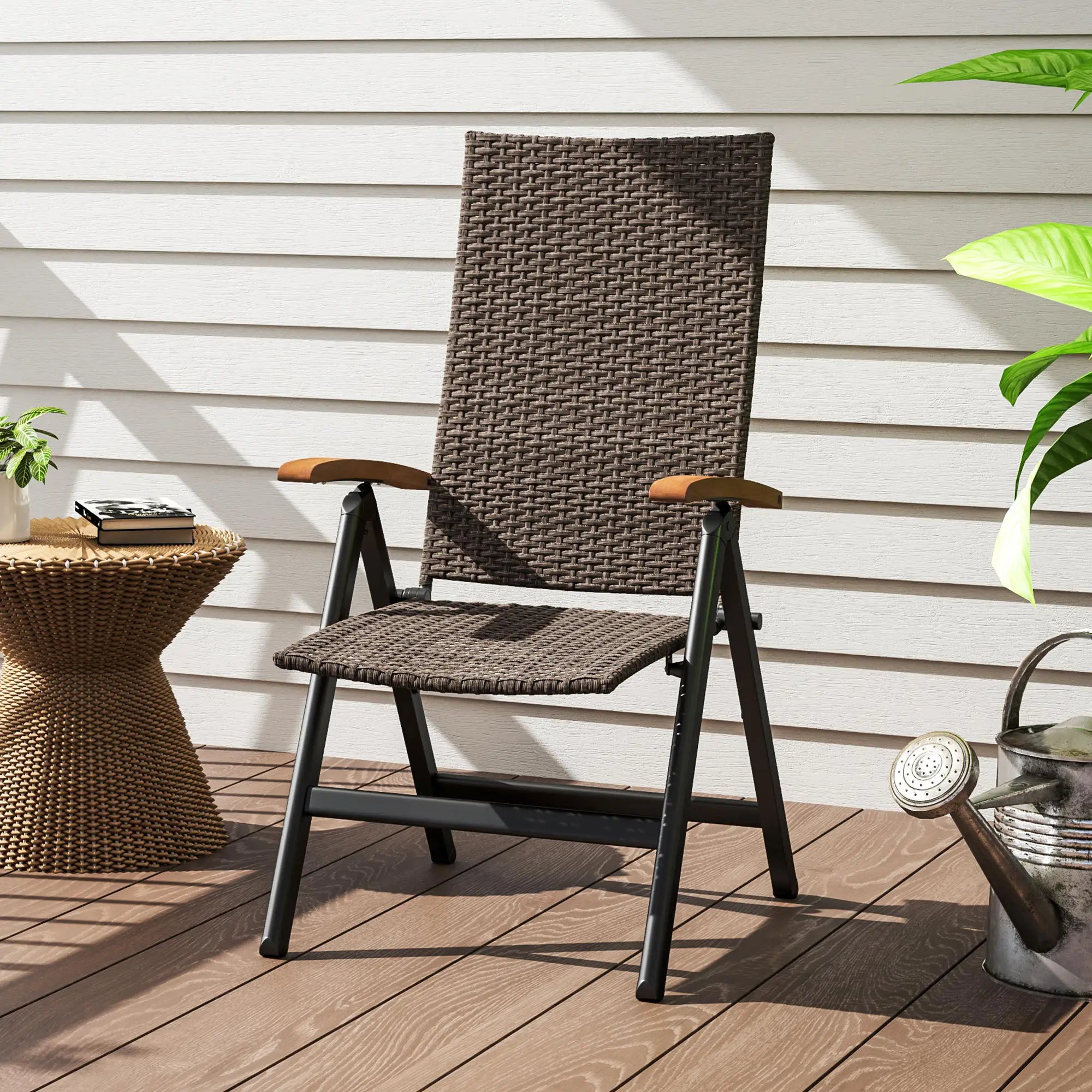 Folding Wicker Patio Dining Chair, 5-Level Reclining, Wooden Armrests, Brown Patio Chairs at Gallery Canada