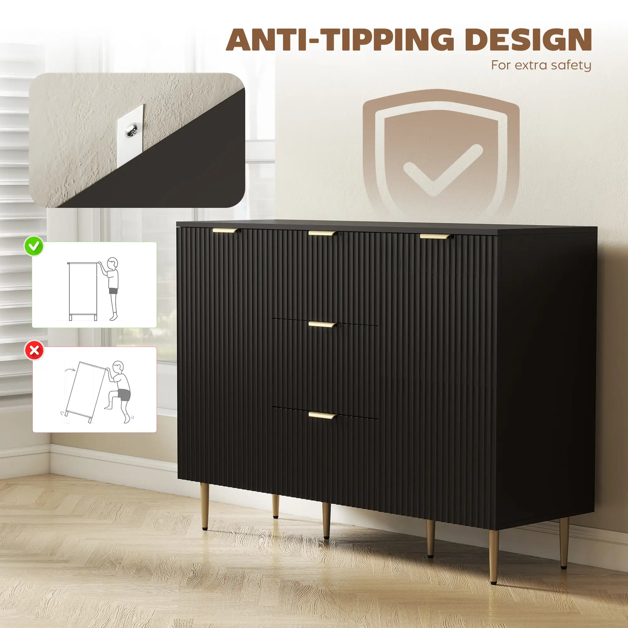 Modern Kitchen Storage Cabinet, 3 Drawers, Adjustable Shelves, Black Bar Cabinets at Gallery Canada
