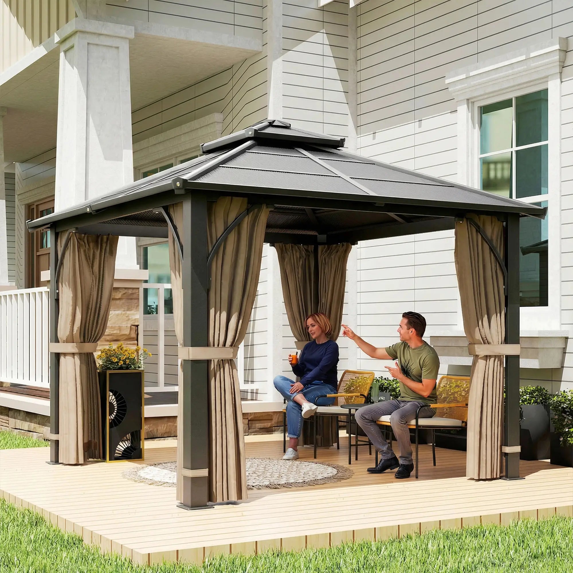 10' x 10' Hardtop Gazebo, 7mm Double Polycarbonate Roof, Netting And Curtains, Khaki Gazebos at Gallery Canada