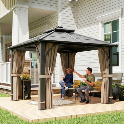 10' x 10' Hardtop Gazebo, 7mm Double Polycarbonate Roof, Netting And Curtains, Khaki Gazebos at Gallery Canada