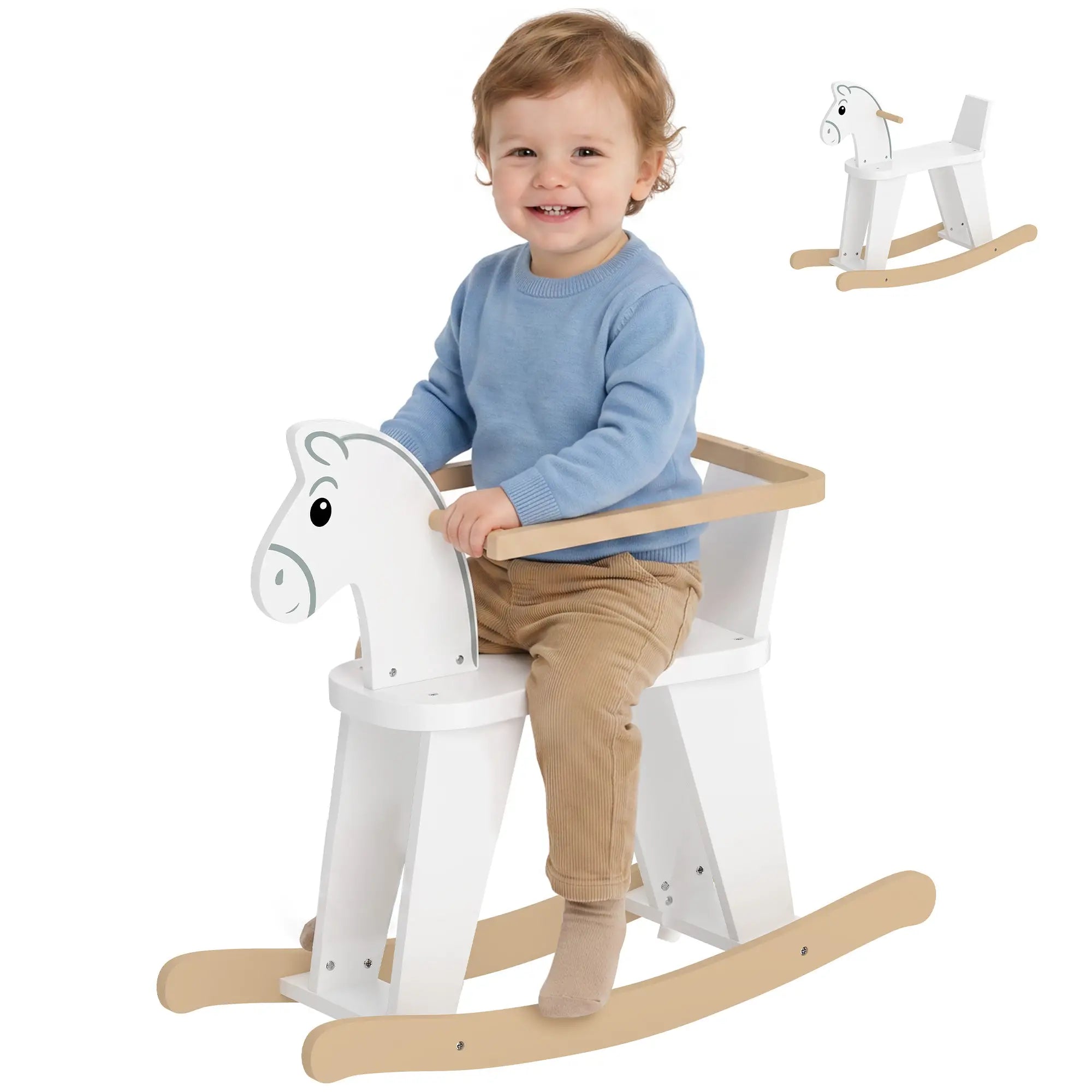 2 in 1 Rocking Horse Ride On, Removable Fence, No-Tip, White Rocking Horses at Gallery Canada
