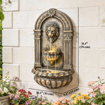 Wall Mounted 3 Tier Outdoor Fountain, Resin Waterfall With LED Lights, Rustic Brown Water Fountains at Gallery Canada